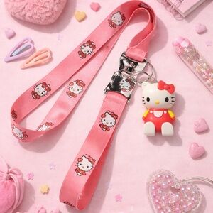 Hello Kitty Pink Lanyard w/ Charm Sanrio Keychain ID Holder Cute Kawaii